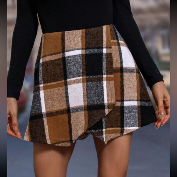 Luxe plaid print wrap skort